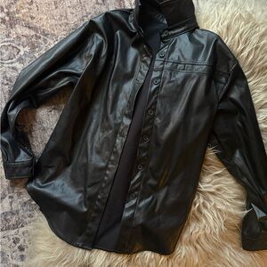 Black Faux Leather Button-Up Shirt